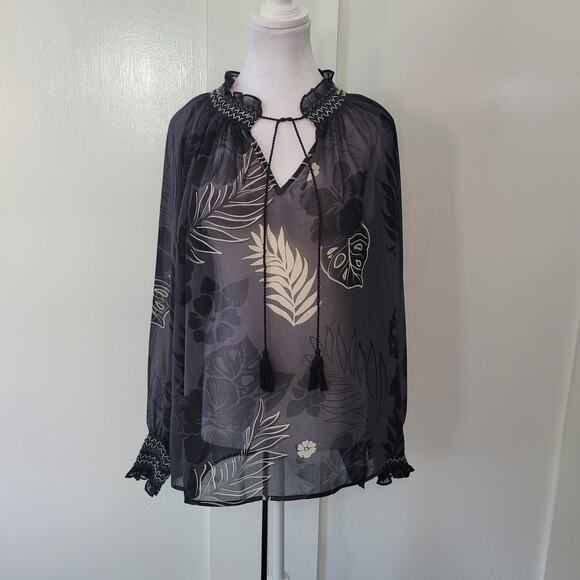 cabi Size L Sheer Floral Leaf Print Long Sleeve Blouse Romantic Boho Feminine - Picture 1 of 11